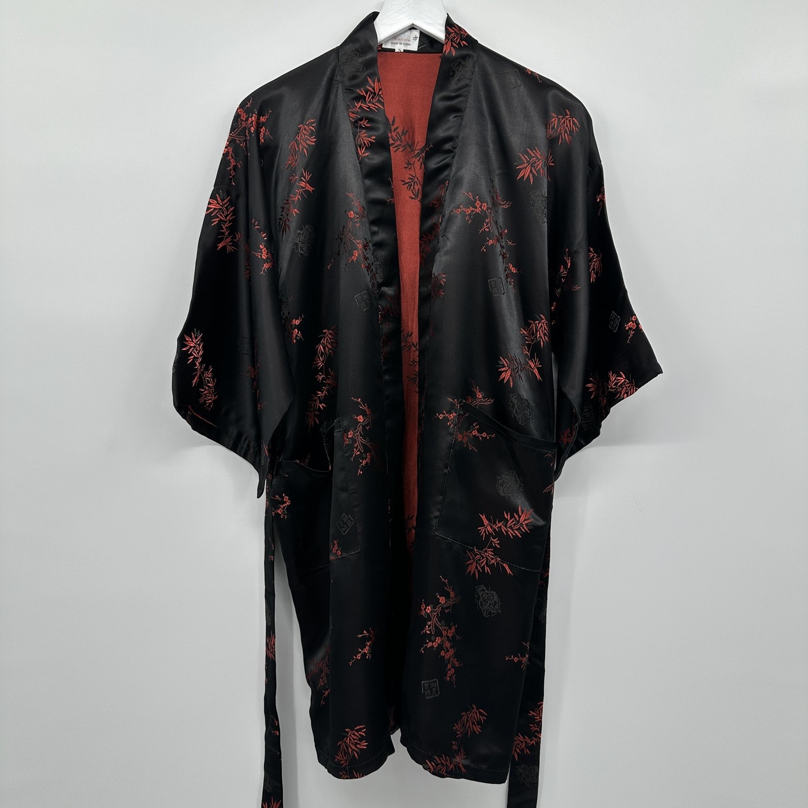 Eastern Oriental Kimono Small Jacquard Satin Belted Asian Cherry Blossom Pockets
