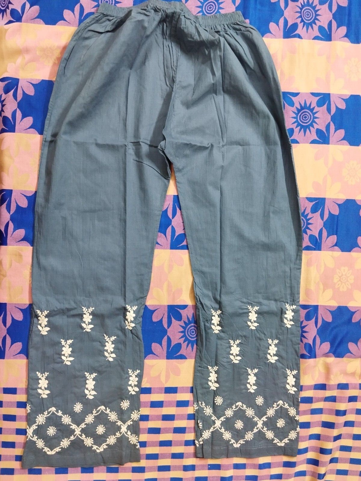 EXCELLENT 100% COTTON HANDMADE CHIKAN EMBROIDERY ETHNIC PYJAMAS PANT PAJAMAS