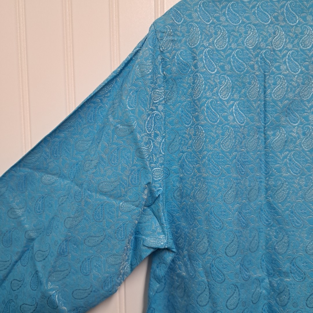 NWT Manyavar Kurta Mens Medium M 38 Blue Paisley Jacquard Silk Indian Pakistani