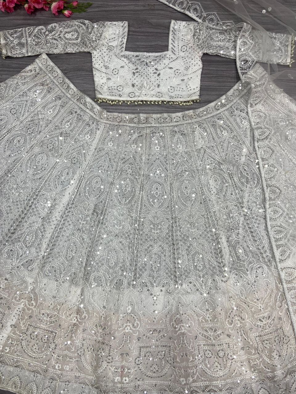 Traditional Wear White Soft Butterfly Net Lehenga Choli With Dupatta For Women