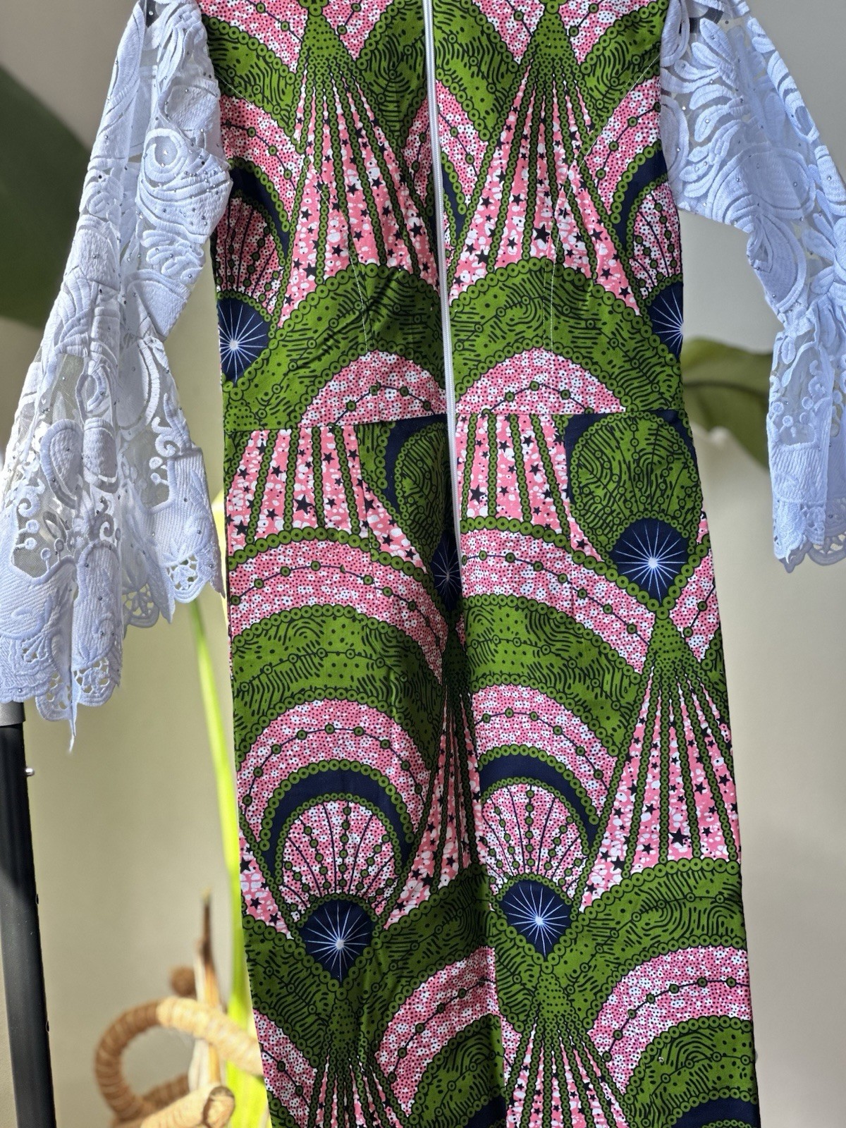 Handmade African Kaftan Dress with White Lace Sleeves Multi-Color for Women M