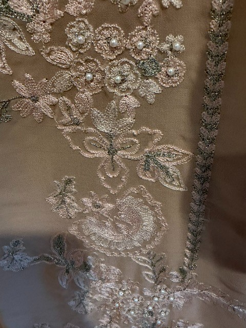 PAKISTANI 3 PC PANT SUIT BEIGE WITH EMBRIDERY AND PEARLS