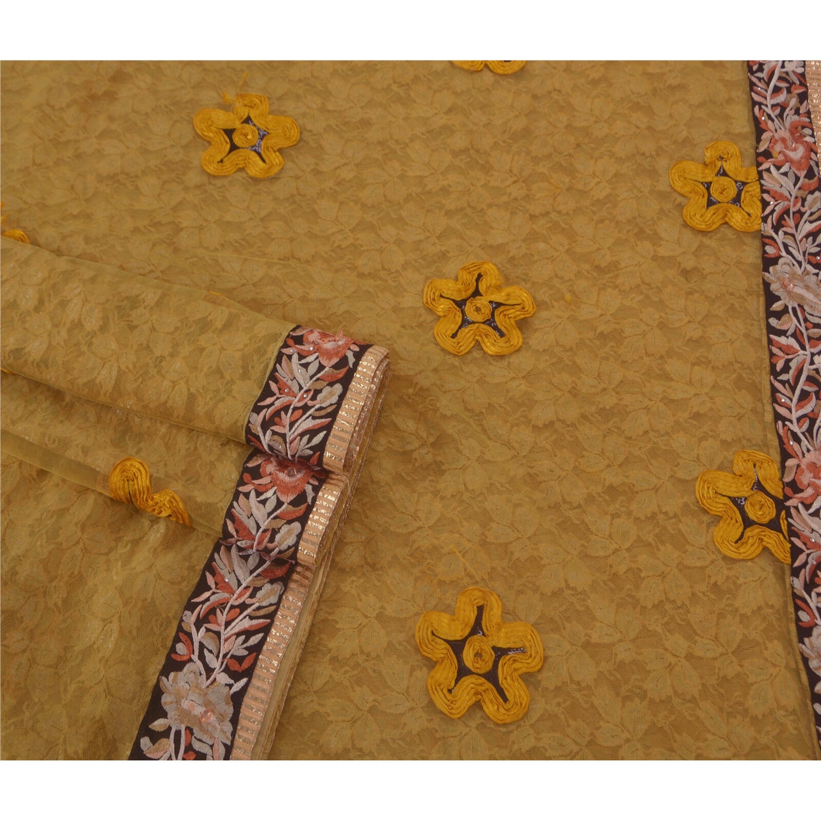 Sanskriti Vintage Yellow Sarees Net Mesh Hand Beaded Craft Fabric Premium Sari