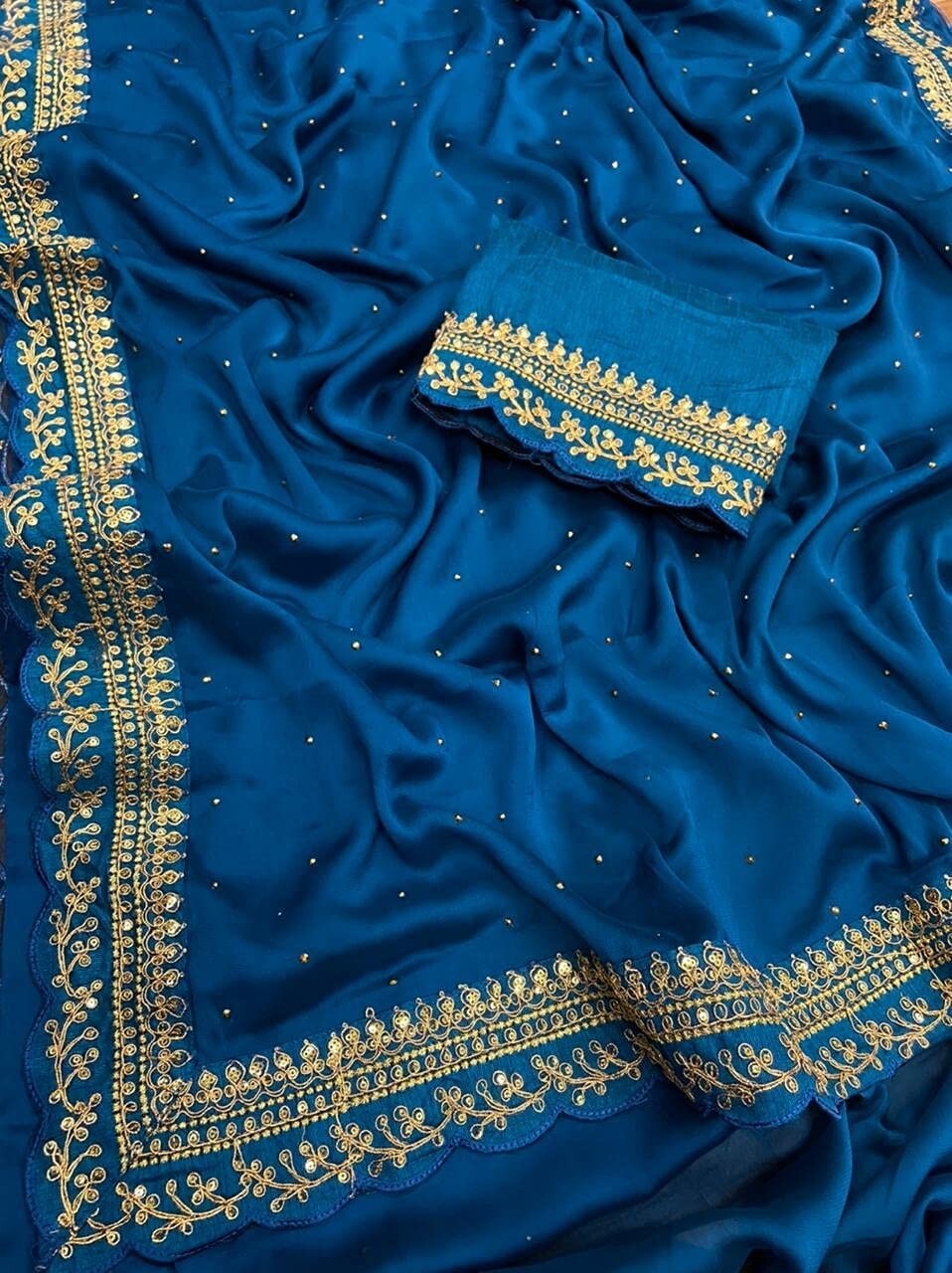 Japan Satin Silk Plain lace work Saree with heavy embroidered Work Blouse