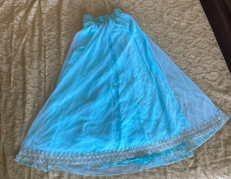 Vintage Indian Sky Blue Tulle Lehenga Skirt Glass Bugle Bead Silver Zardozi 44″