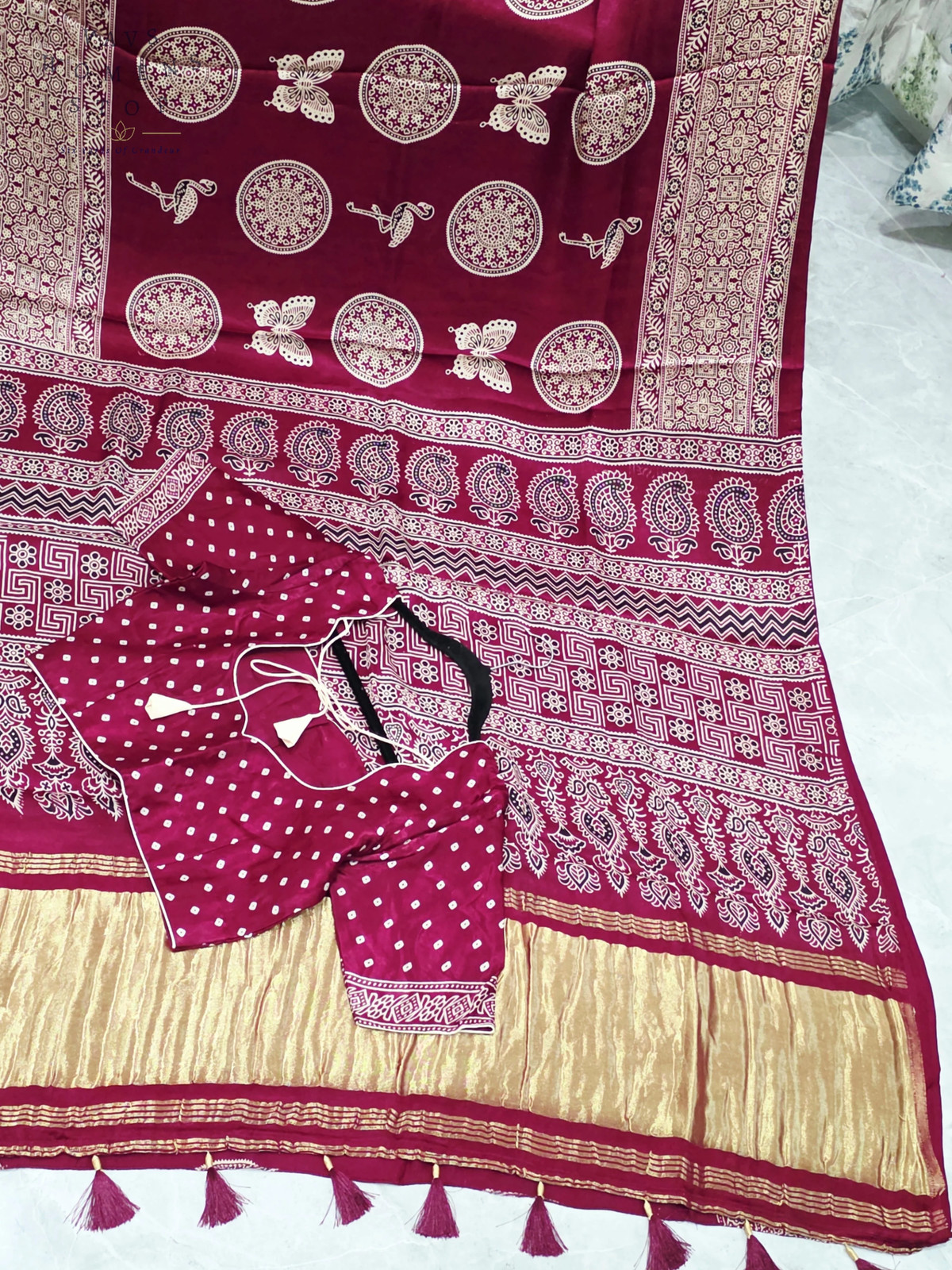Ajrakh Semi Modal Silk Saree Wine Berry Artisan Print Blouse 36-42 Ready Ship