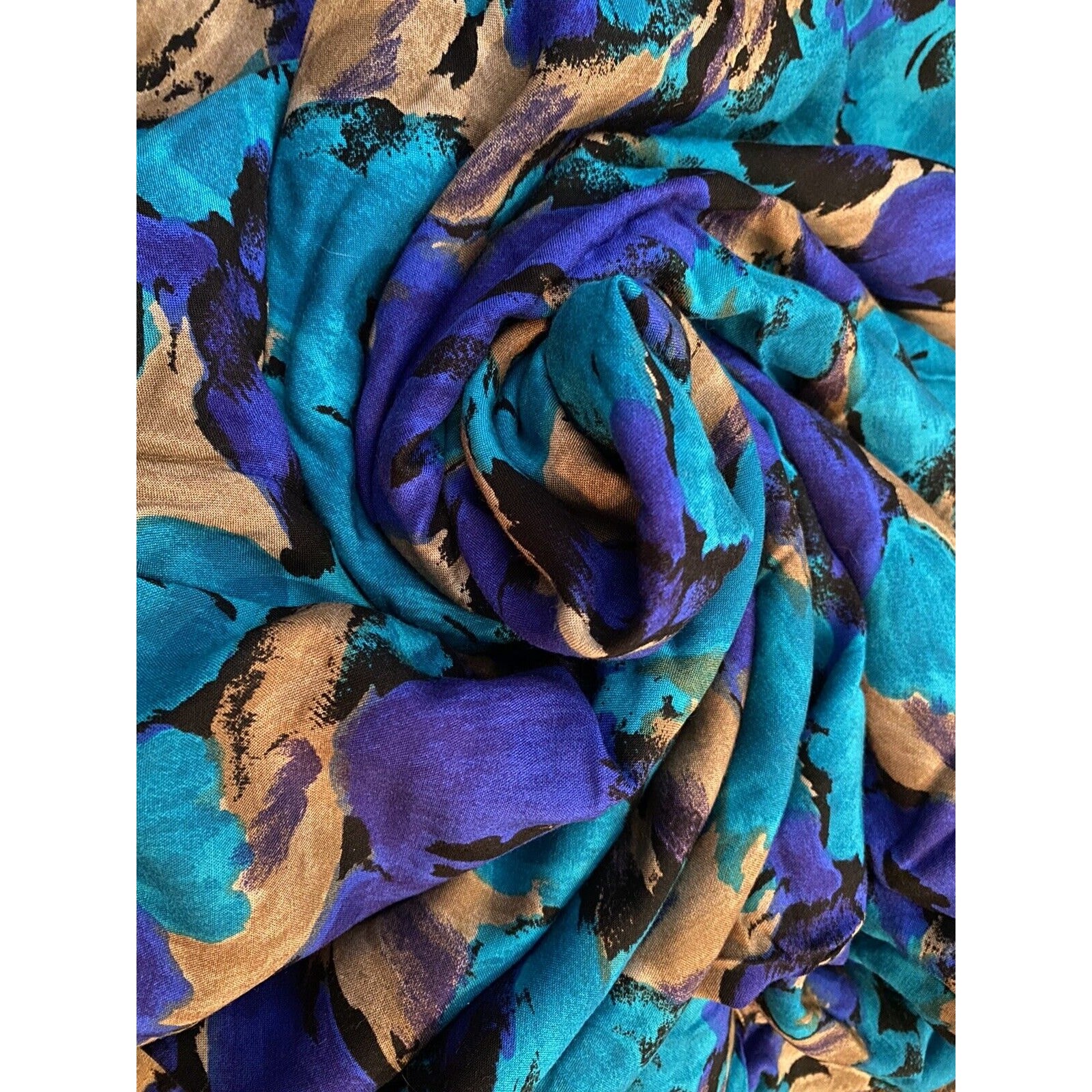 Vintage Blue-Green Tans Purples Black Cotton-Poly Printed Paisley Remnant Fabric