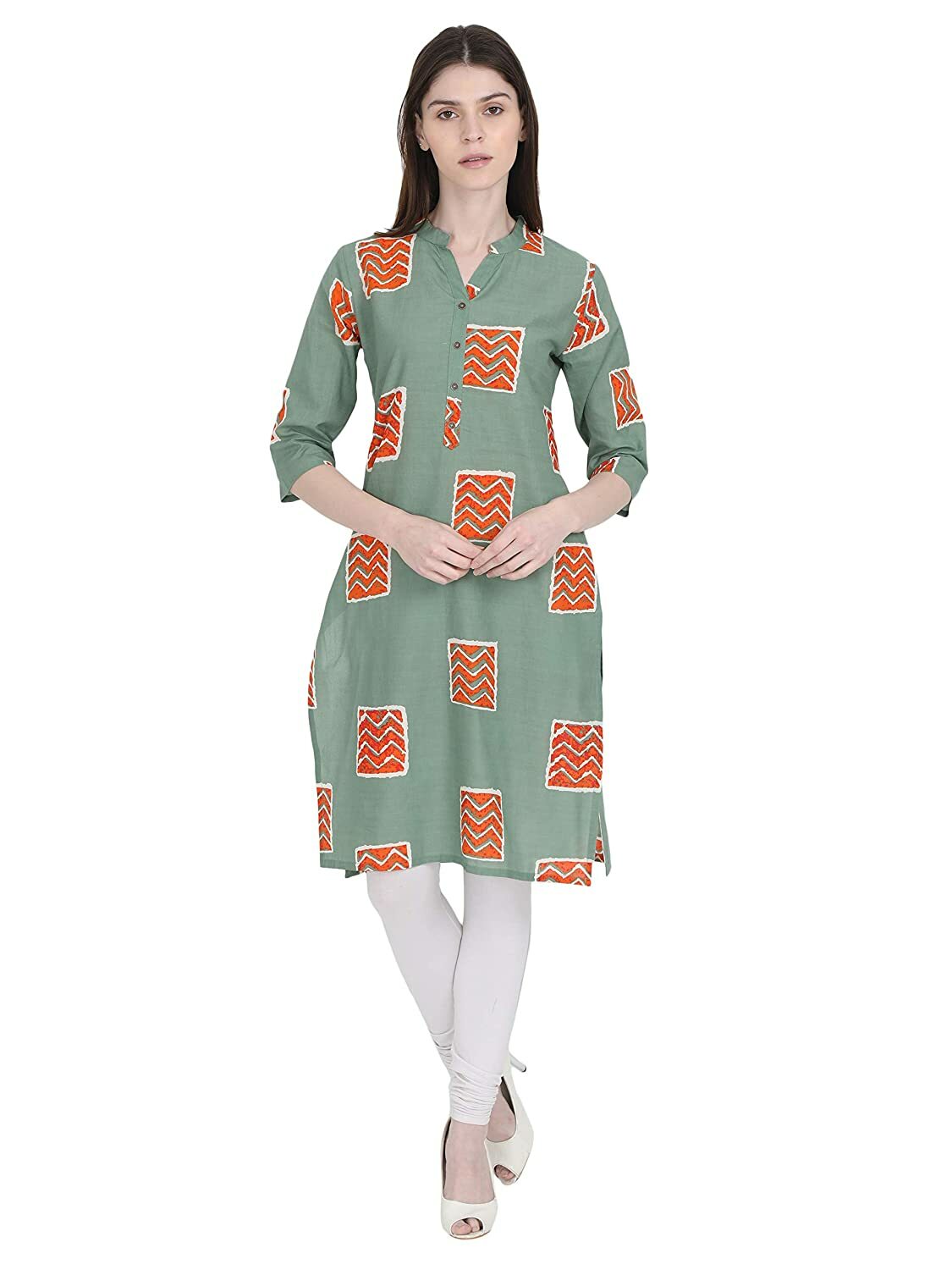 Yaanvi Traditional Indian Printed A- Line Mid Kurti Green Regular fit For Women