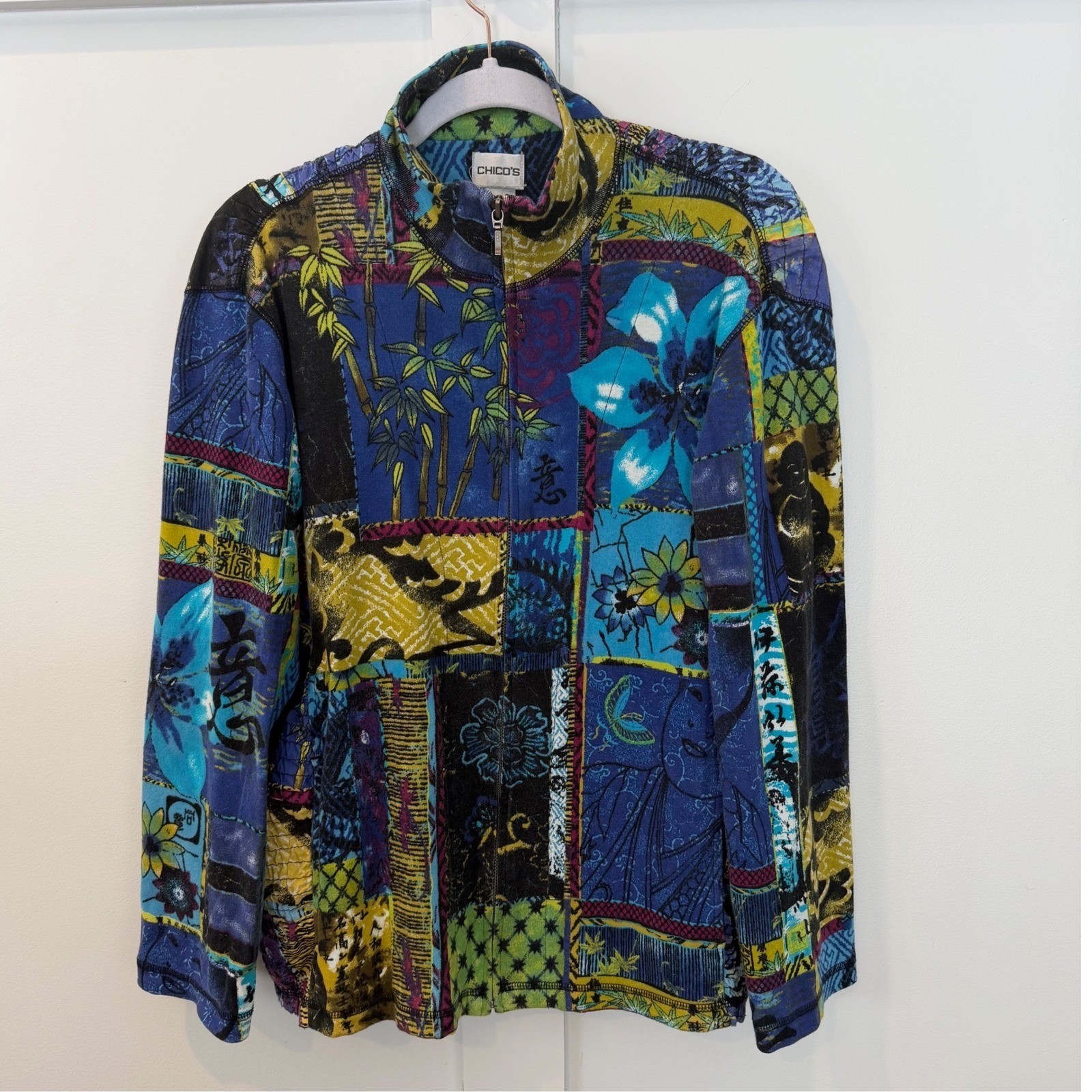 Vintage Chicos Jacket Art To Wear 100% Cotton Asian Buddha Blue Purple 2 Large