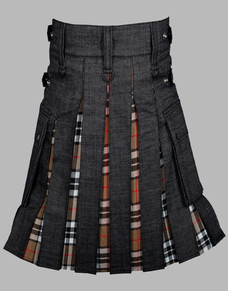 Black Denim Hybrid Scottish Utility Tartan Kilt with Adjustable Strap.