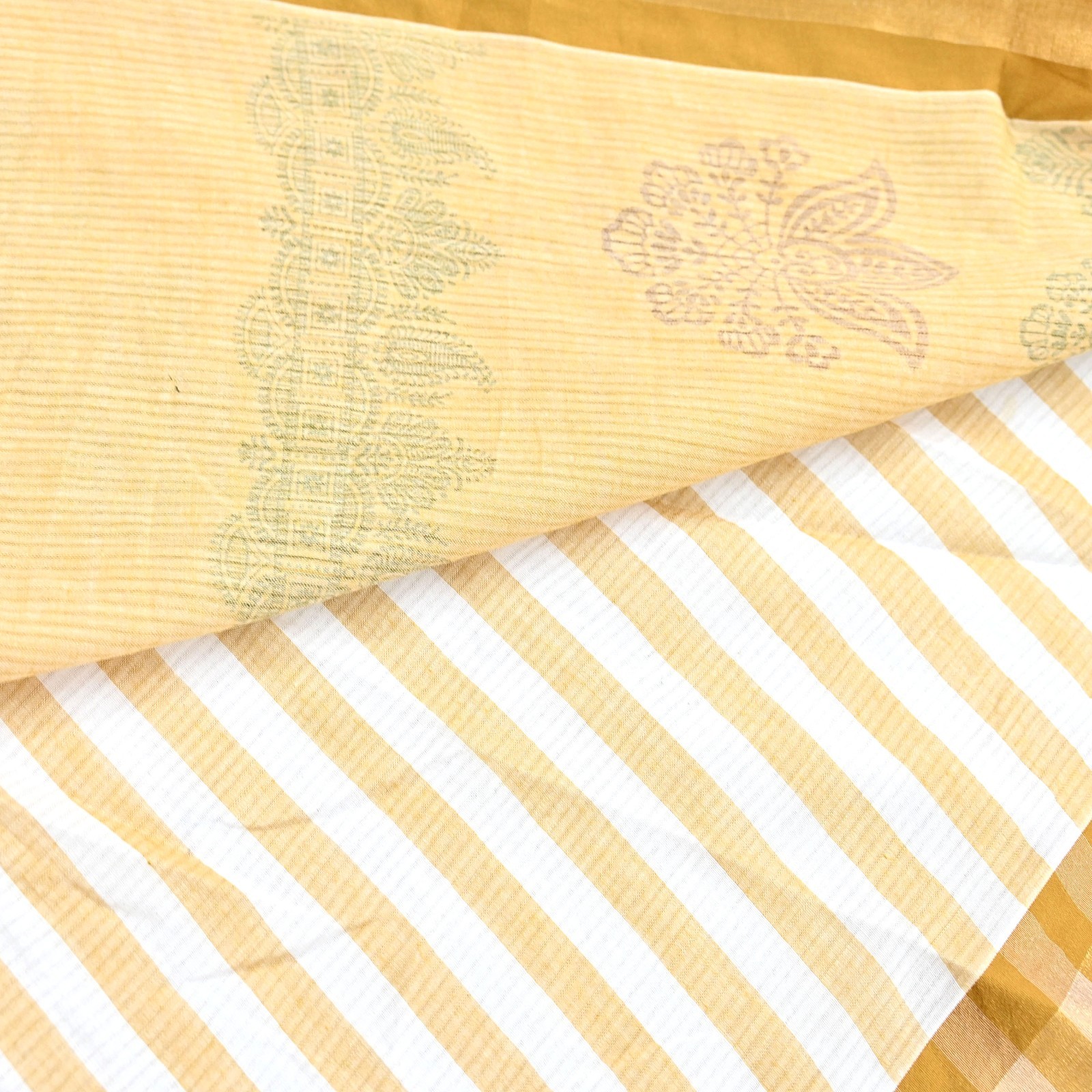 Indian Vintage Sari White & Beige Printed Pure Cotton Sarees Craft Fabric 5YD