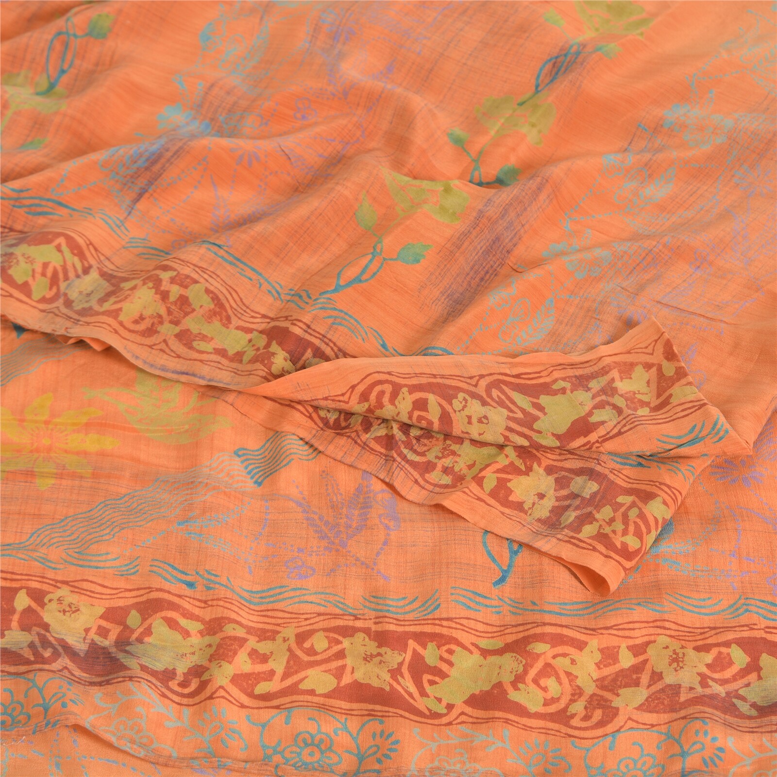 Sanskriti Vintage Printed 100% Pure Crepe Silk Sarees Peach Sari Craft Fabric