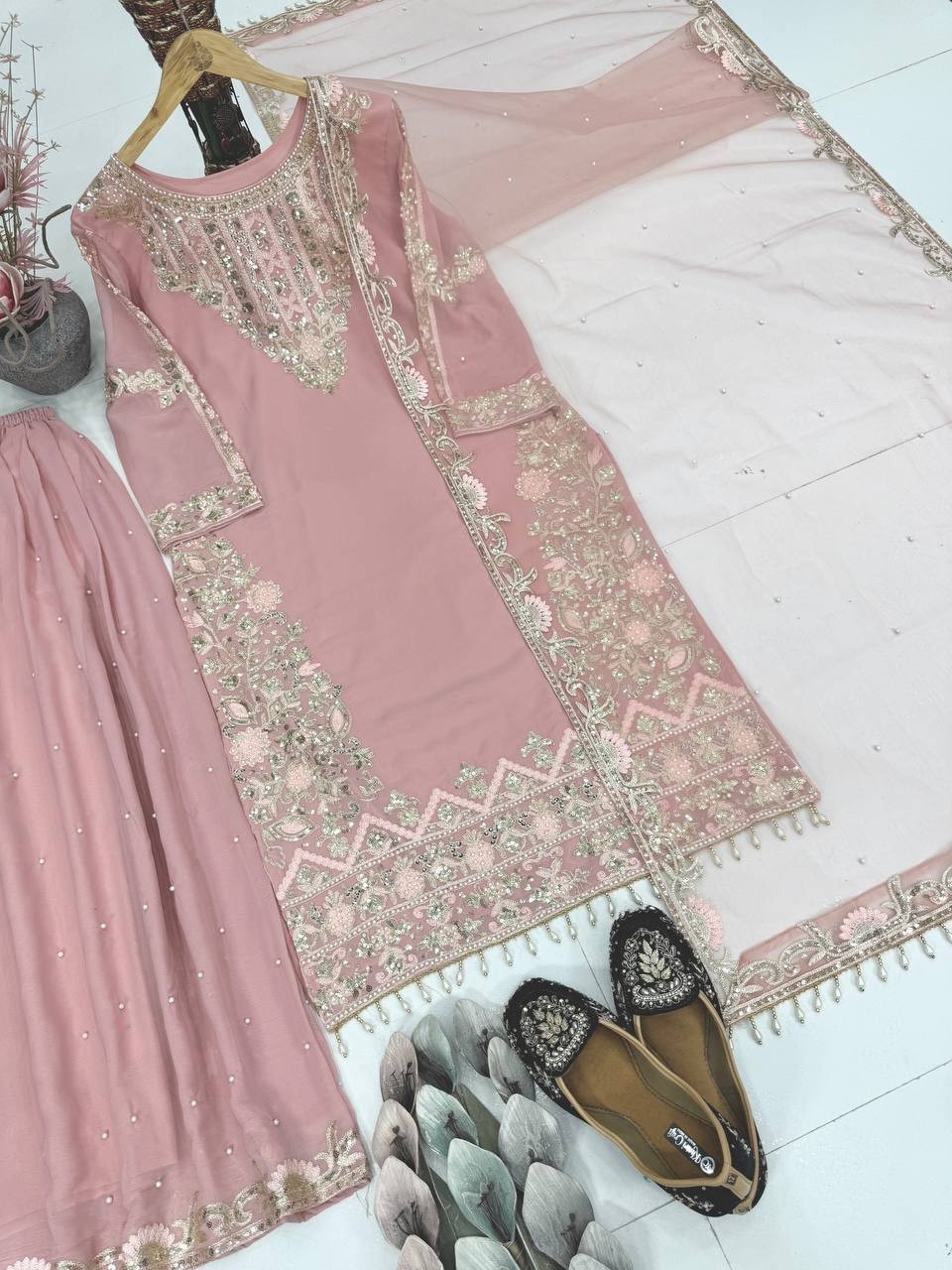 Heavy Faux Georgette Light Pink Top Palazzo With Dupatta For Wedding Wear