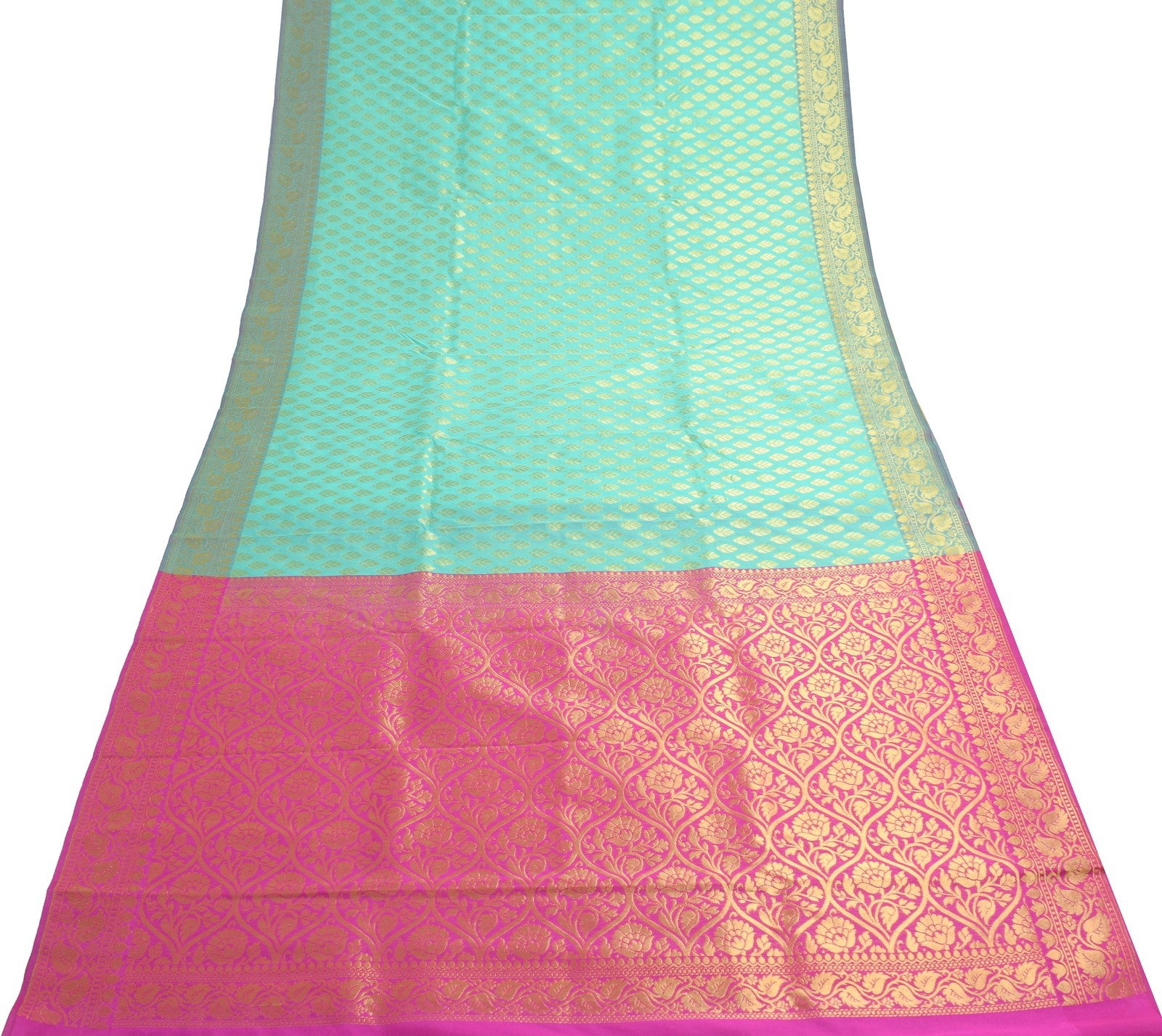 Indian Aqua Green Banarasi Sari Art Cotton Saree Blouse Fabric Gold Zari Woven
