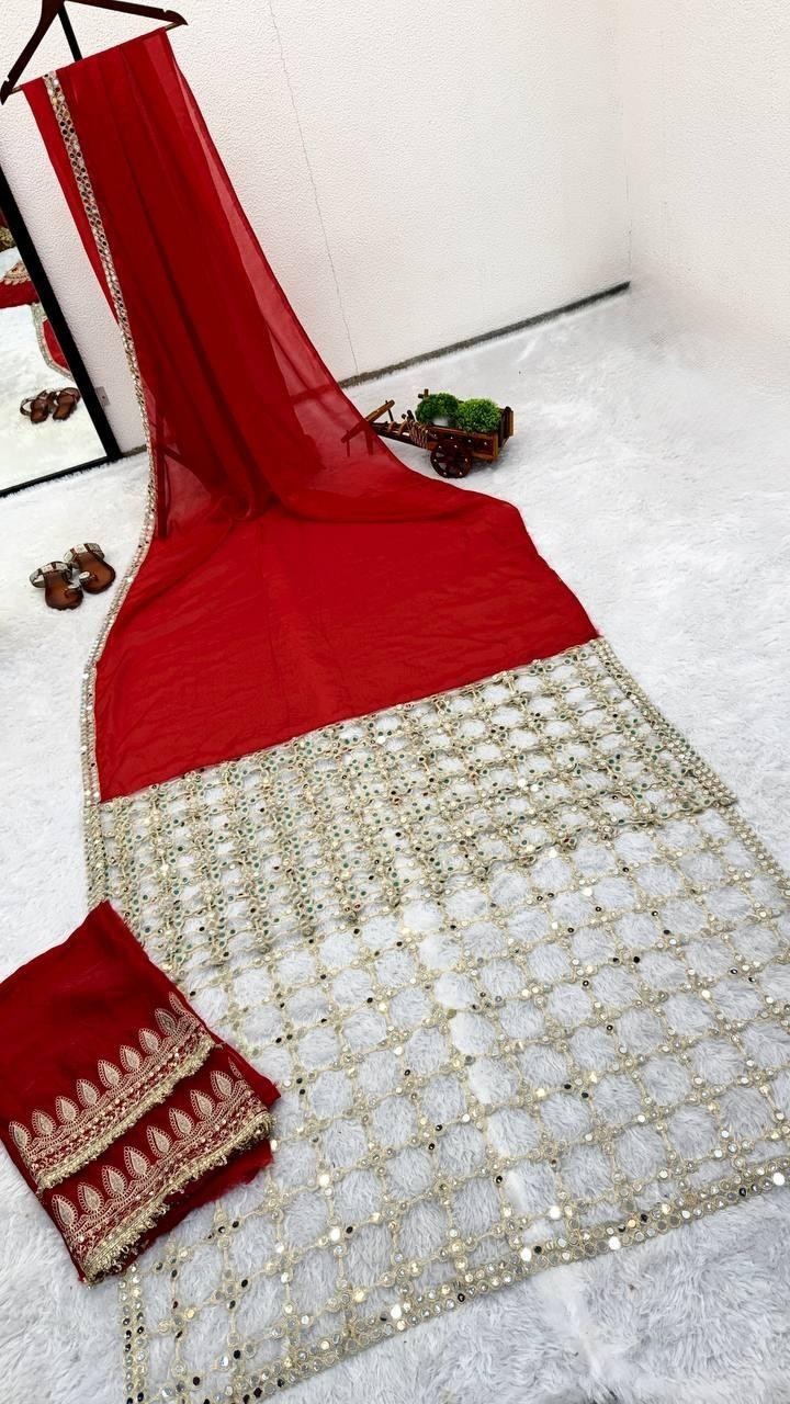 Designer Fendy Silk Red Color Saree with Mirror Work & Unstichhed Blouse