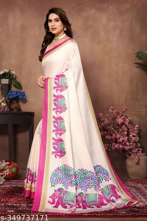 WOMEN KALAMKARI PRINTED KHADI SILK SAREE WITH RUNNING BOUSE