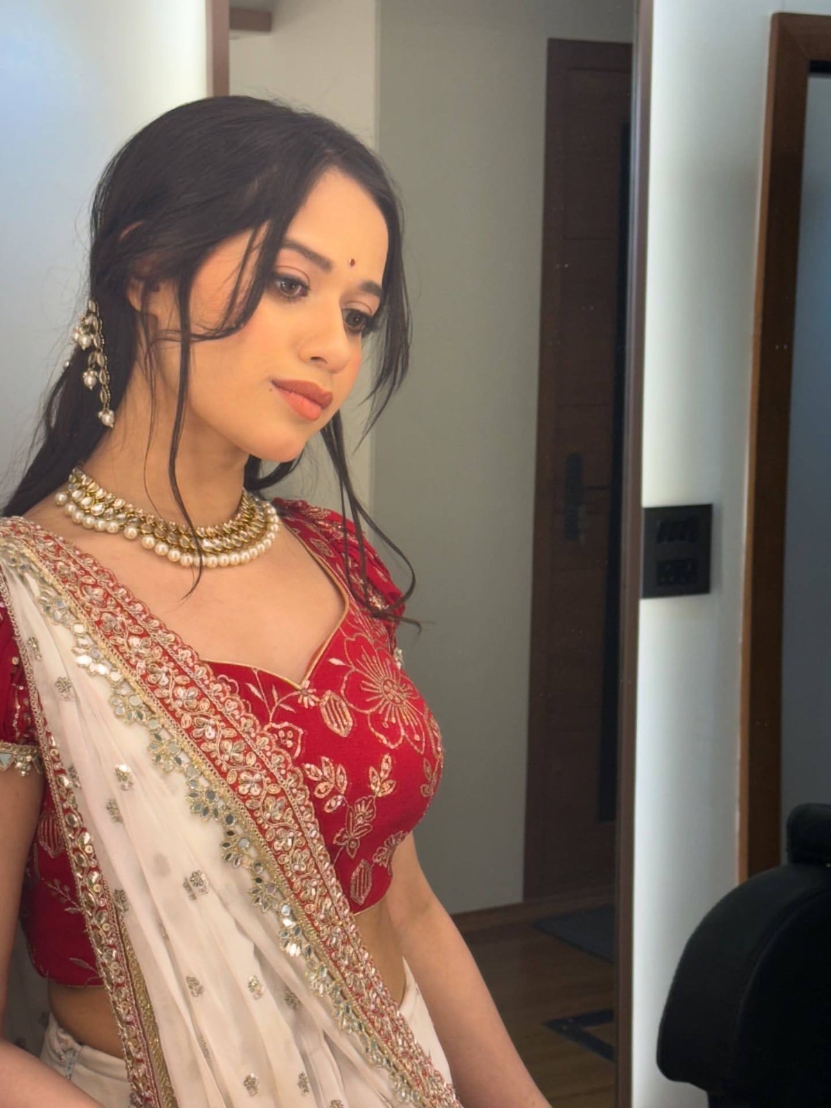 Red & Off White Bollywood Designer Embroidered Saree with Elegant Border