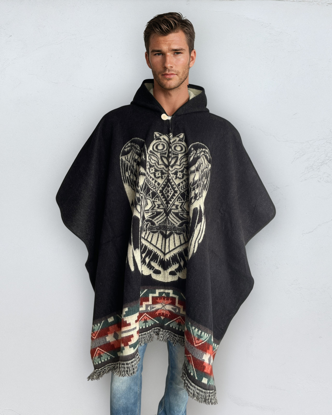 Alpaca Poncho Hood black Soft Comfortable Wool | Navajo Design Owl | Handcrafted