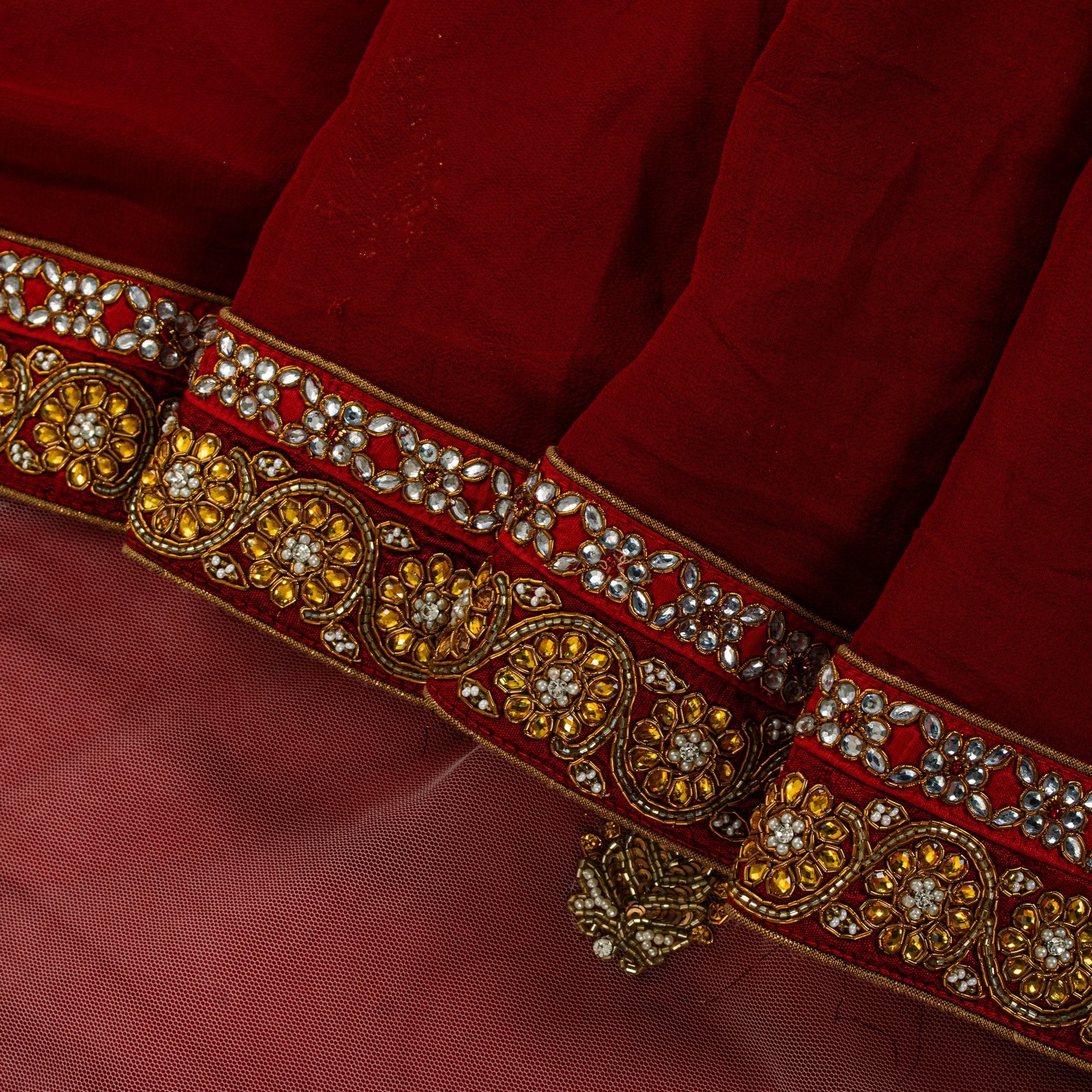 Sanskriti Vintage Red Net Pure Georgette Saree Hand Embroidery Stone Zardsari 5+