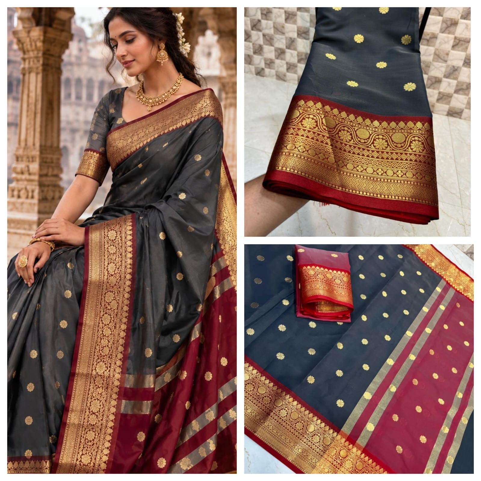 Banarasi Semi Katan Silk Saree Golden Zari Weaving Booti Contrast Border Sari