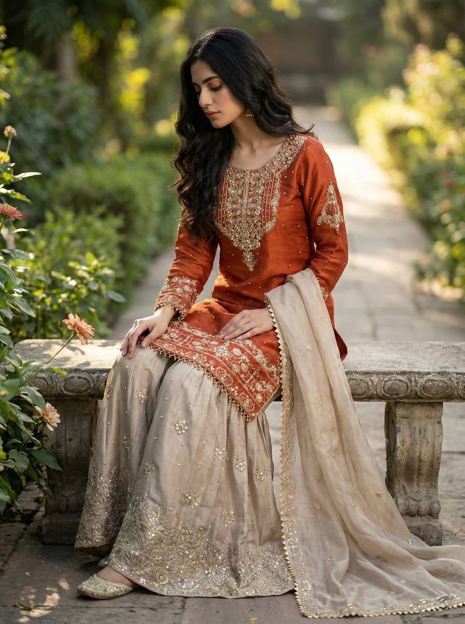 Fancy Rust Orange Jimmy Choo Silk Sharara Set With Gold Embroidered Work Dupatta