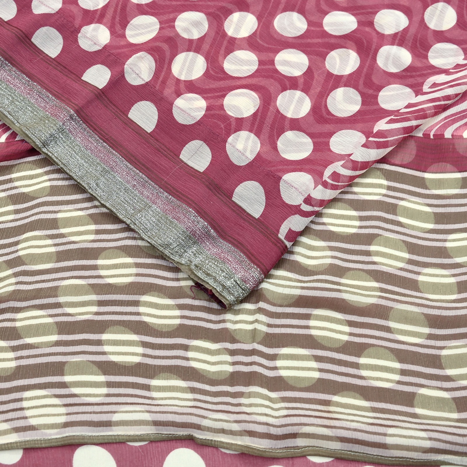 Vintage Pure Chiffon Silk Saree Printed Abstract 5 Yards Fabric DressMaking Zari