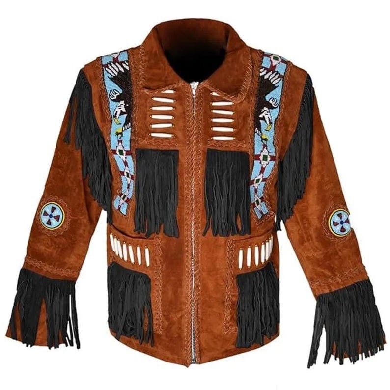Western Cowboy Jacket Cowhide Brown Leather Fringe Beads Native American Style