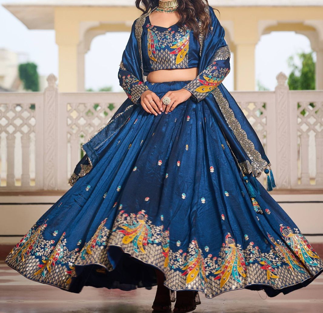 Royal Blue Peacock Embroidered Lehenga Choli Set with Dupatta Full stitched