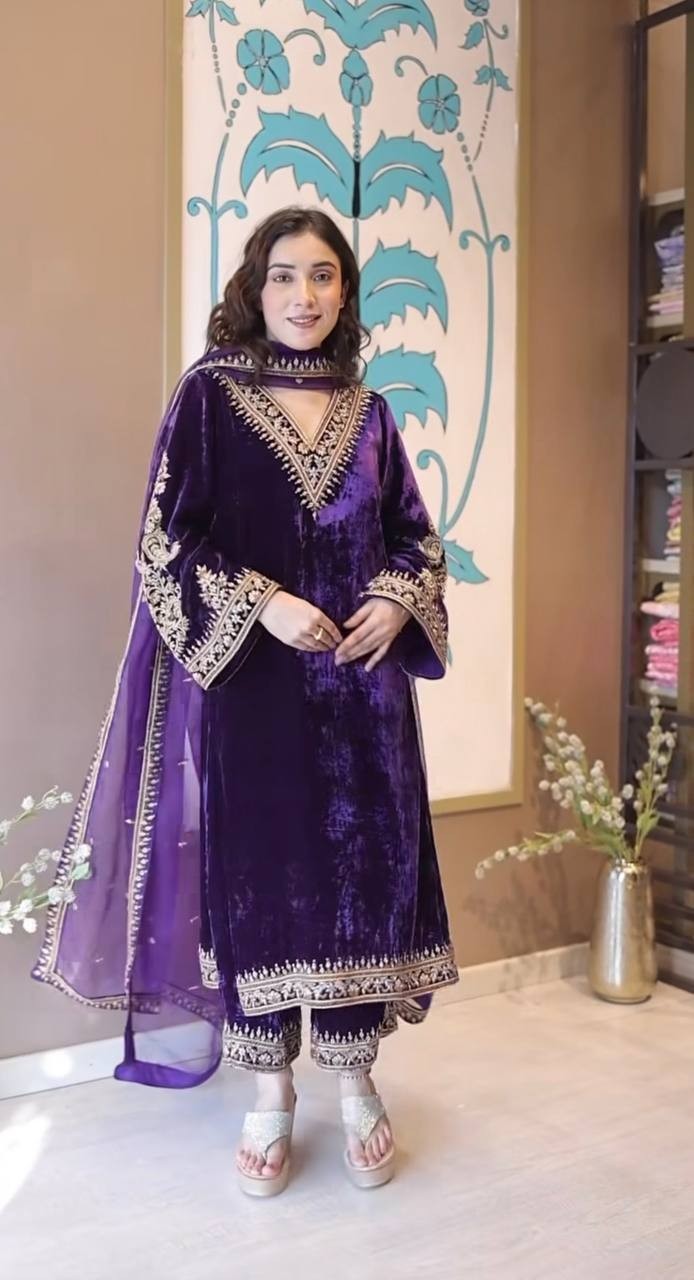 Latest Pure Viscose Velvet Purple Salwar Kameez With Dupatta For Festival Wear