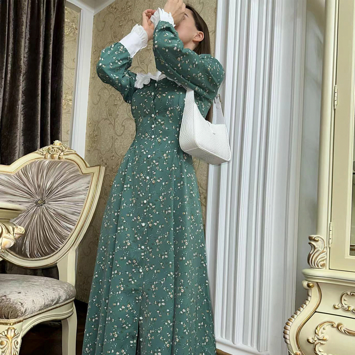 Women Green Print Dress Doll Neck High Waist Muslim Robe Ladies Dubai Party Gown