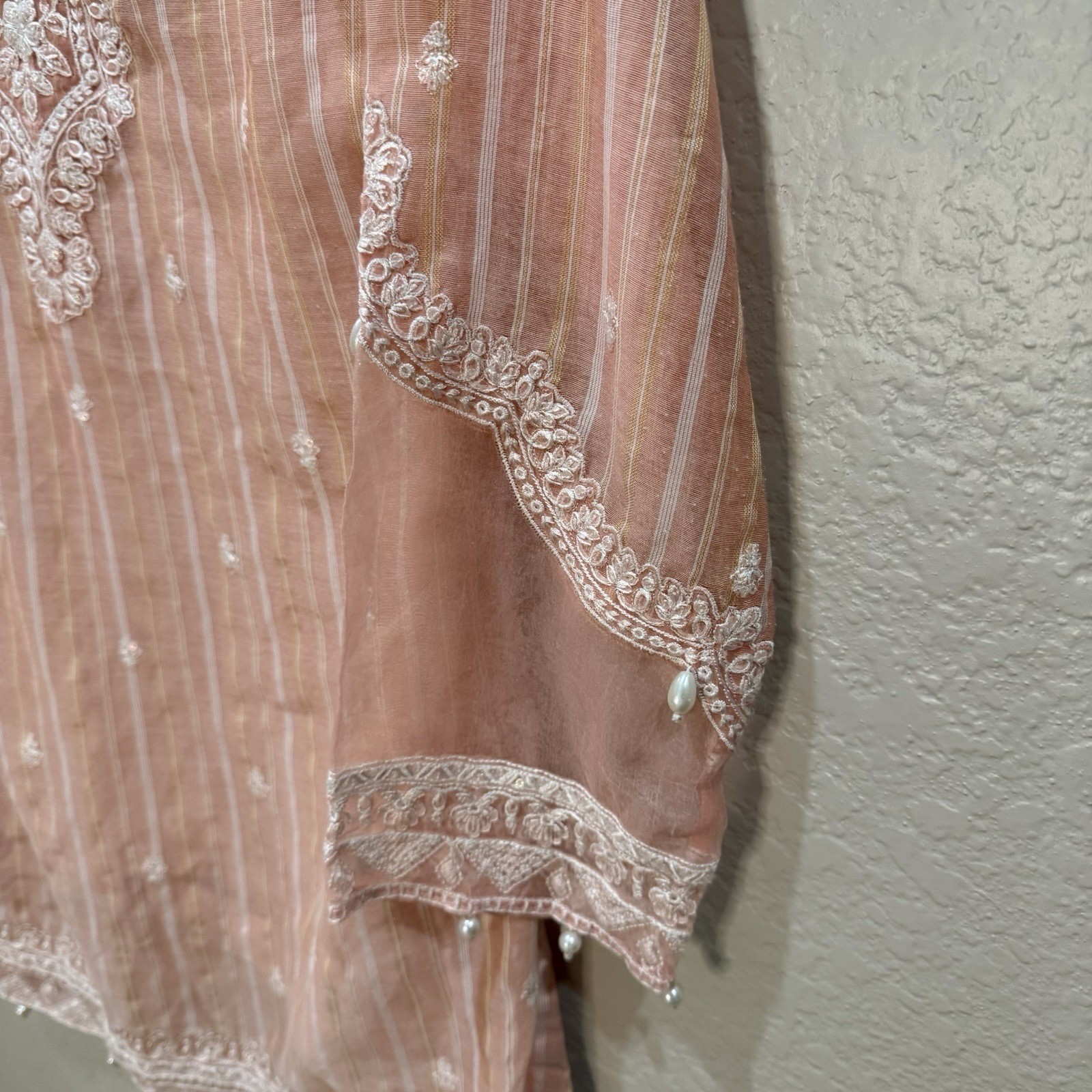 Original Maria B Girls Suit Peach Stripe Cotton Embroidered Shalwar Kameez 12-14