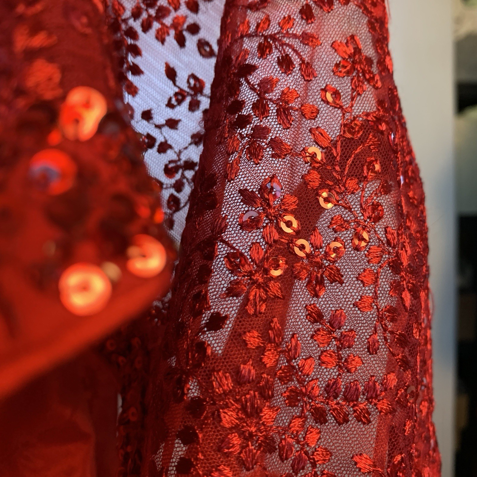 Red Silk Choli Blouse Sheer Back Floral Lace Red & Clear Sequins 15″ Band NWOT
