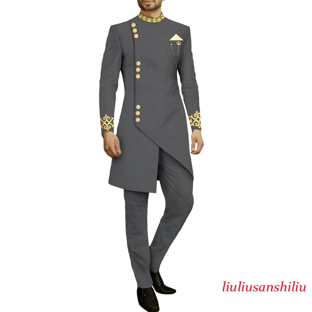 Men African Suits Dashiki Embroidery Jacket and Pants 2 Piece Set Formal Outfits