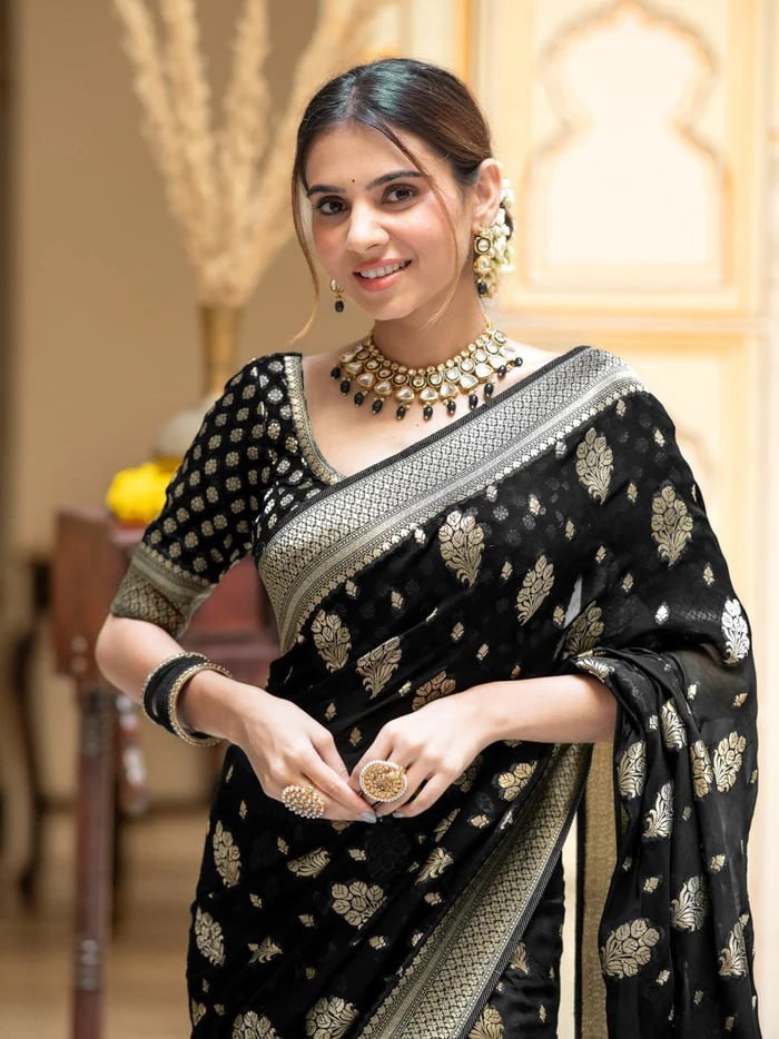 Lit-Black Wedding Saree Soft Lichi Silk Jacquard Rich Pallu Indian Ethnic Wear