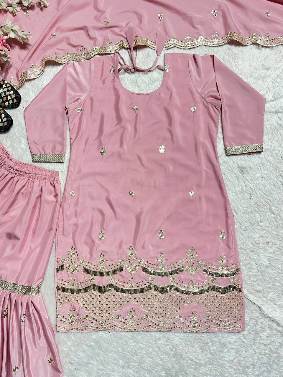 Presenting New Neutral Silk Light Pink Top Palazzo With Dupatta For Function