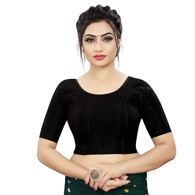Round Neck Cotton Lycra Elbow Sleeve Ready made Saree Blouse For Women Free Size