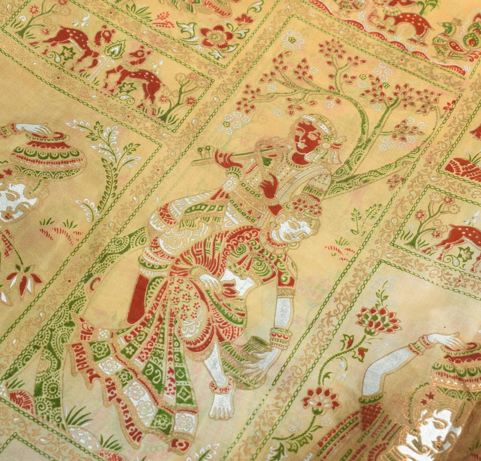 Sushila Vintage Yellow & Green Saree Printed Figure Pure Silk Sari Soft Craft Fa