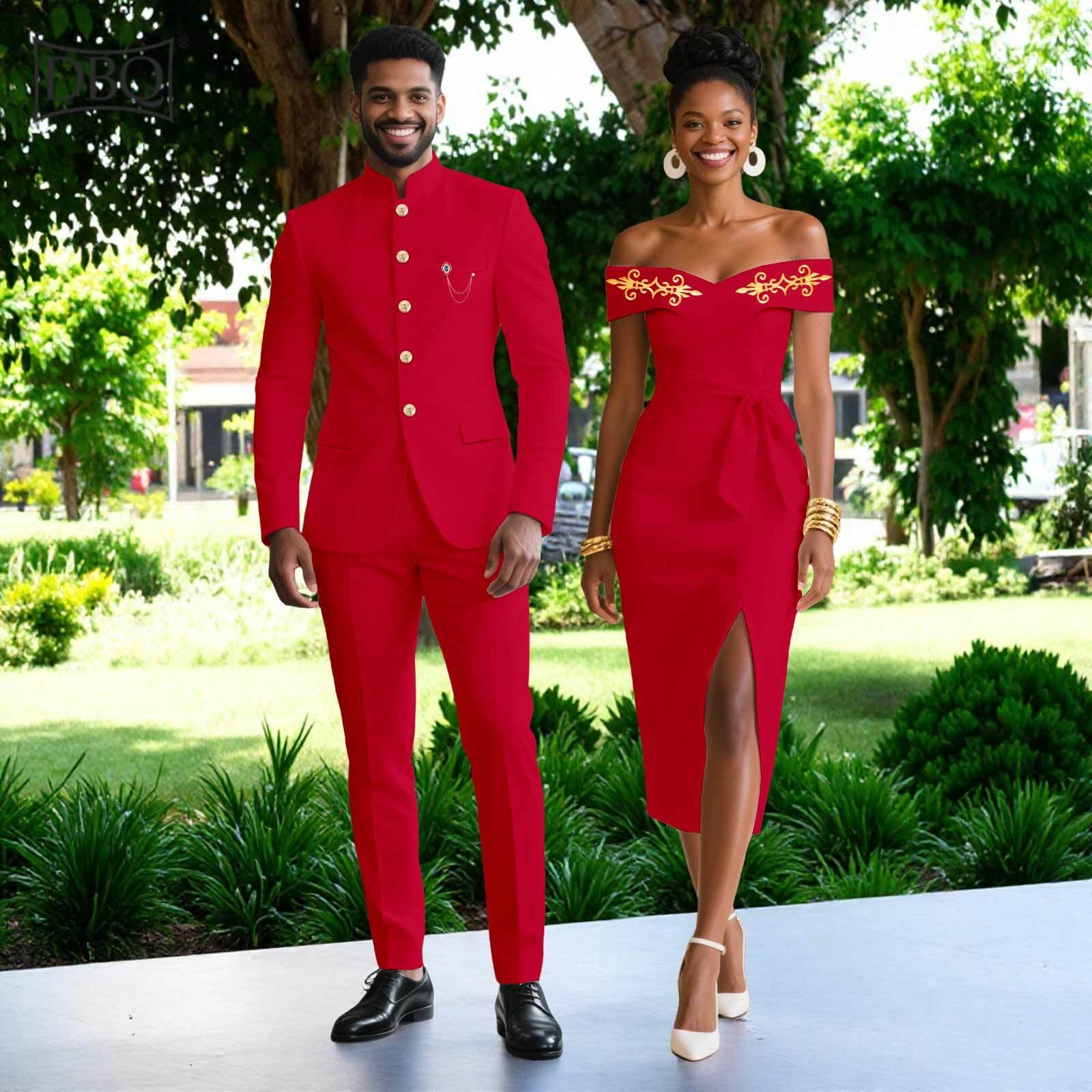 African Couple Matching Cloth Solid Color Men Jacket Pants Set Women Midi Dress