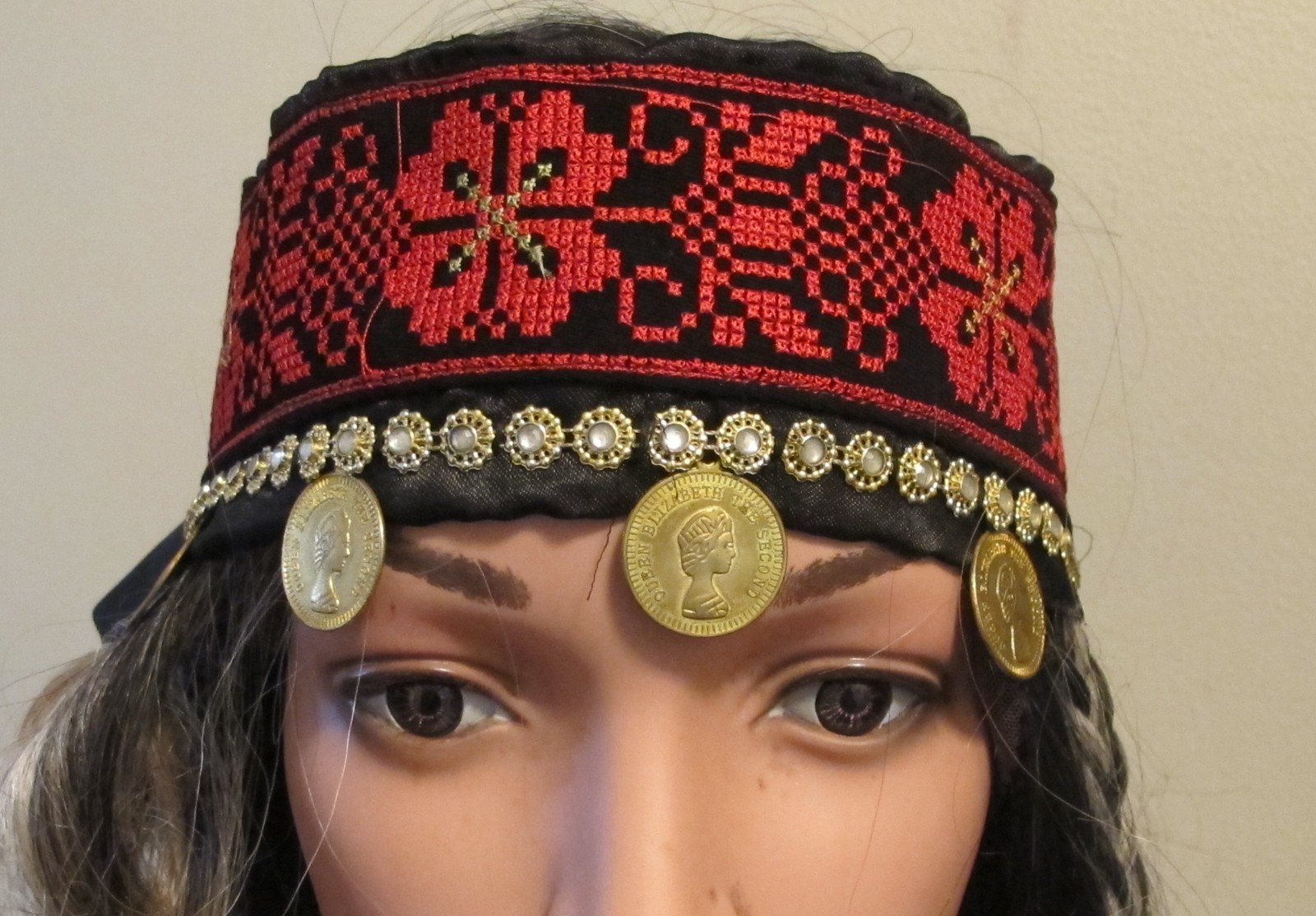 Palestinian Red Black Embroidered Headband on Satin with gold coins