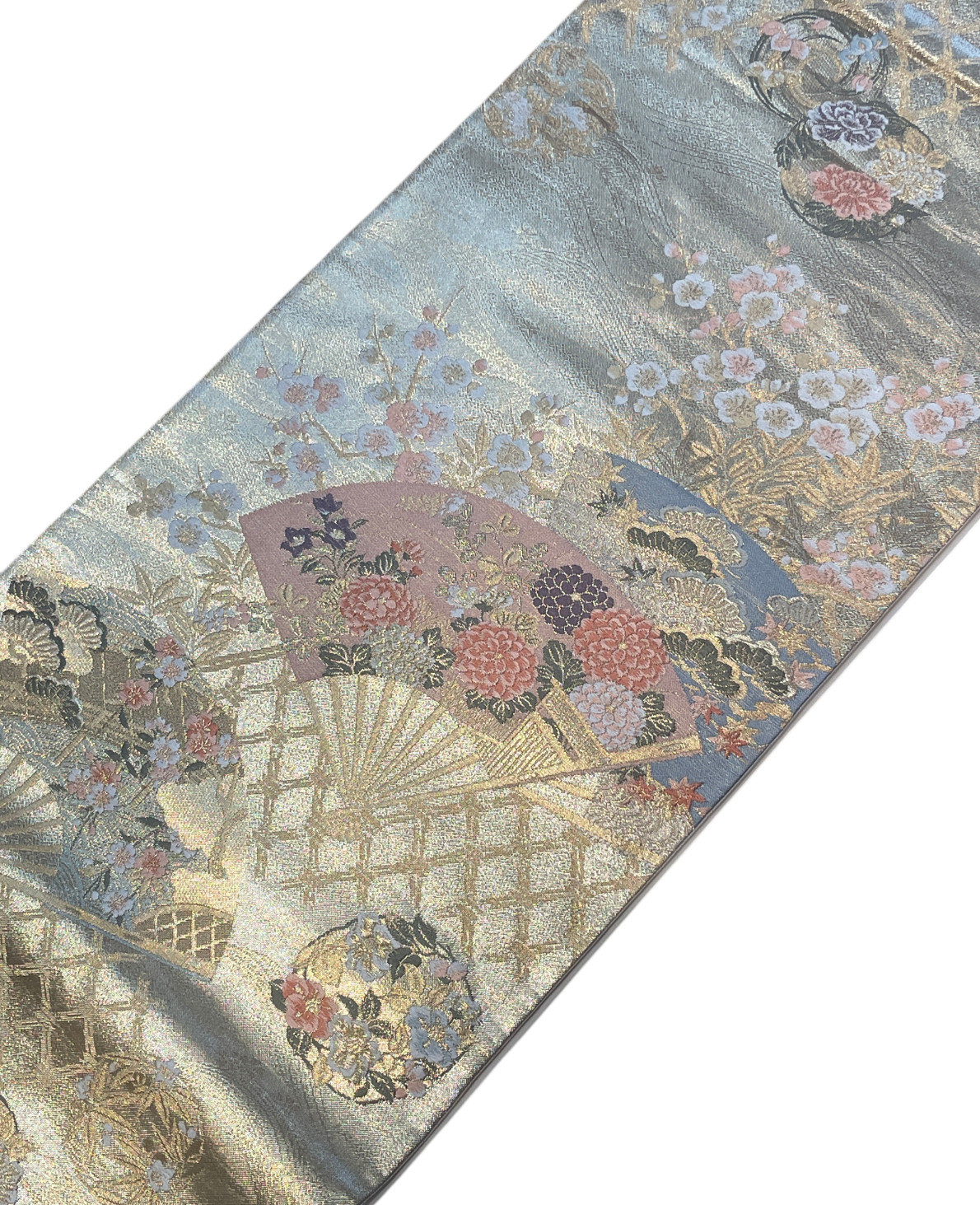 Vintage Japanese Kimono Silk Fukuro Obi Gold Fan Floral Brocade Textile Art