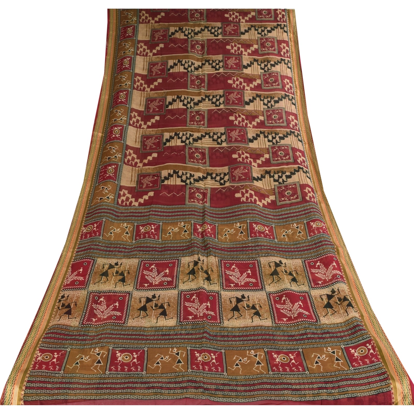 Sanskriti Vintage Sarees Red Warli Art Pure Cotton Human Print Sari 5+Yd Fabric