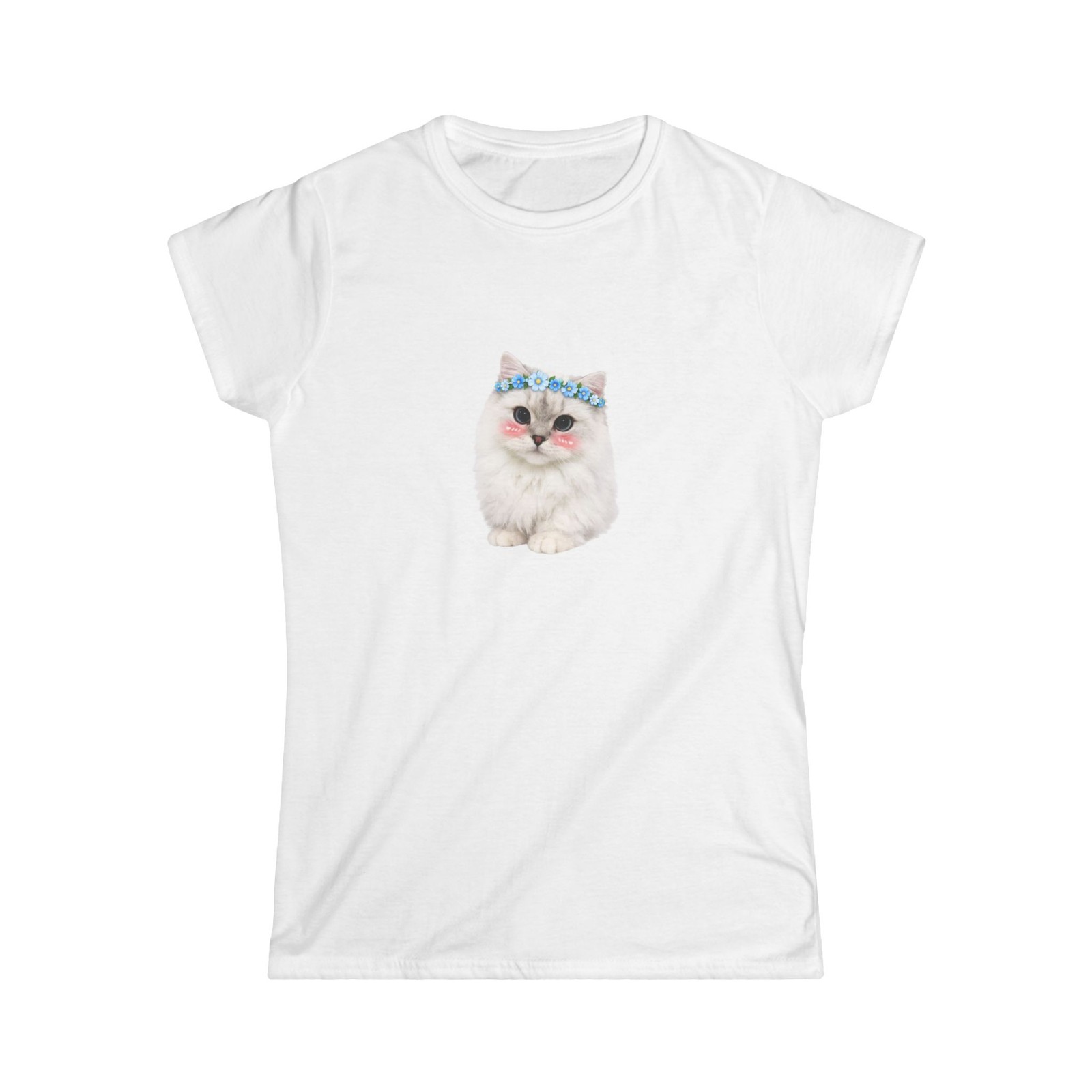Cute Cat Women’s T-Shirt, Soft Girl Aesthetic Kitten Tee Pastel Floral Graphic