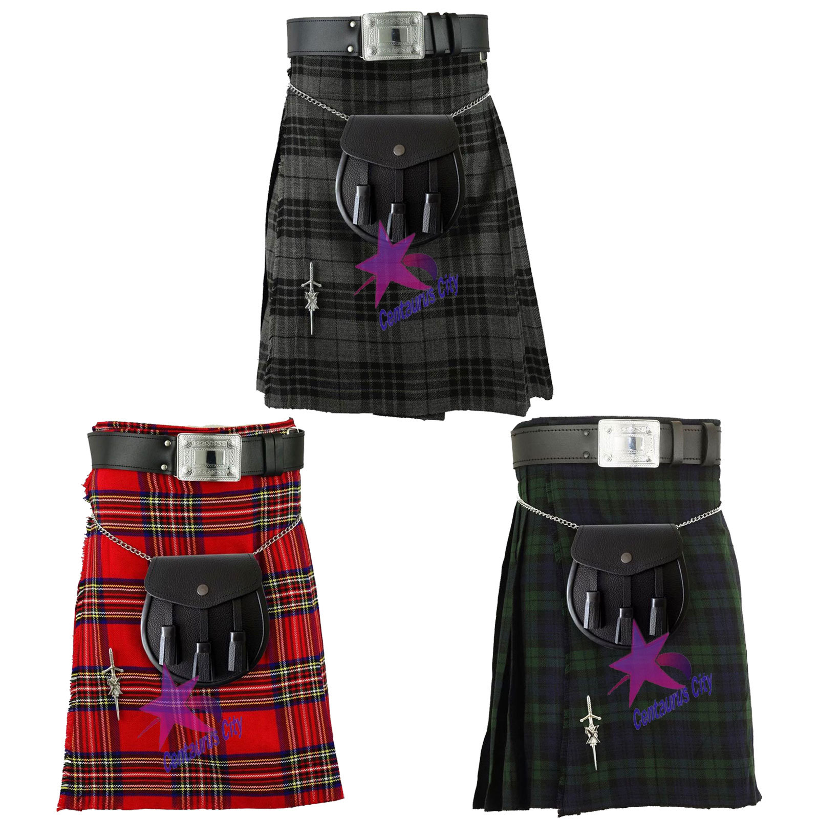 Scottish Mens Kilt Traditional Highland Dress Skirt/Kilt Belt Buckle Pin Sporran