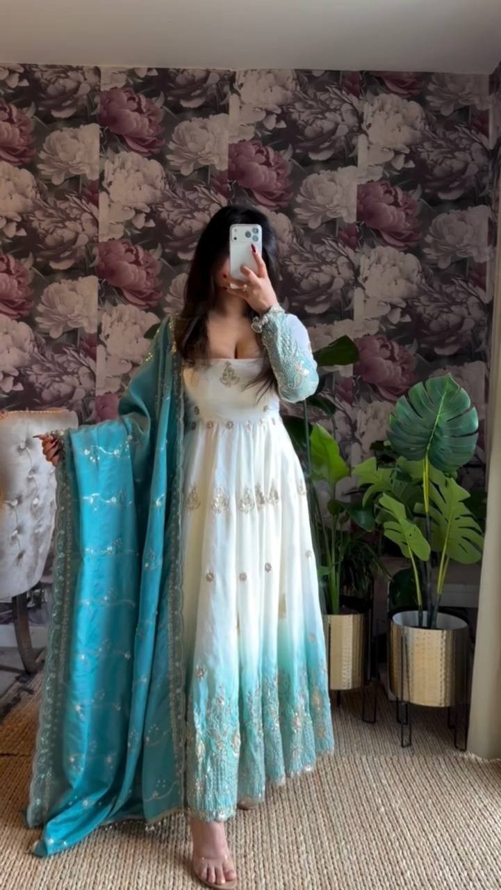 Beautiful Star Georgette White Gown Bottom With Dupatta For Functional Wear