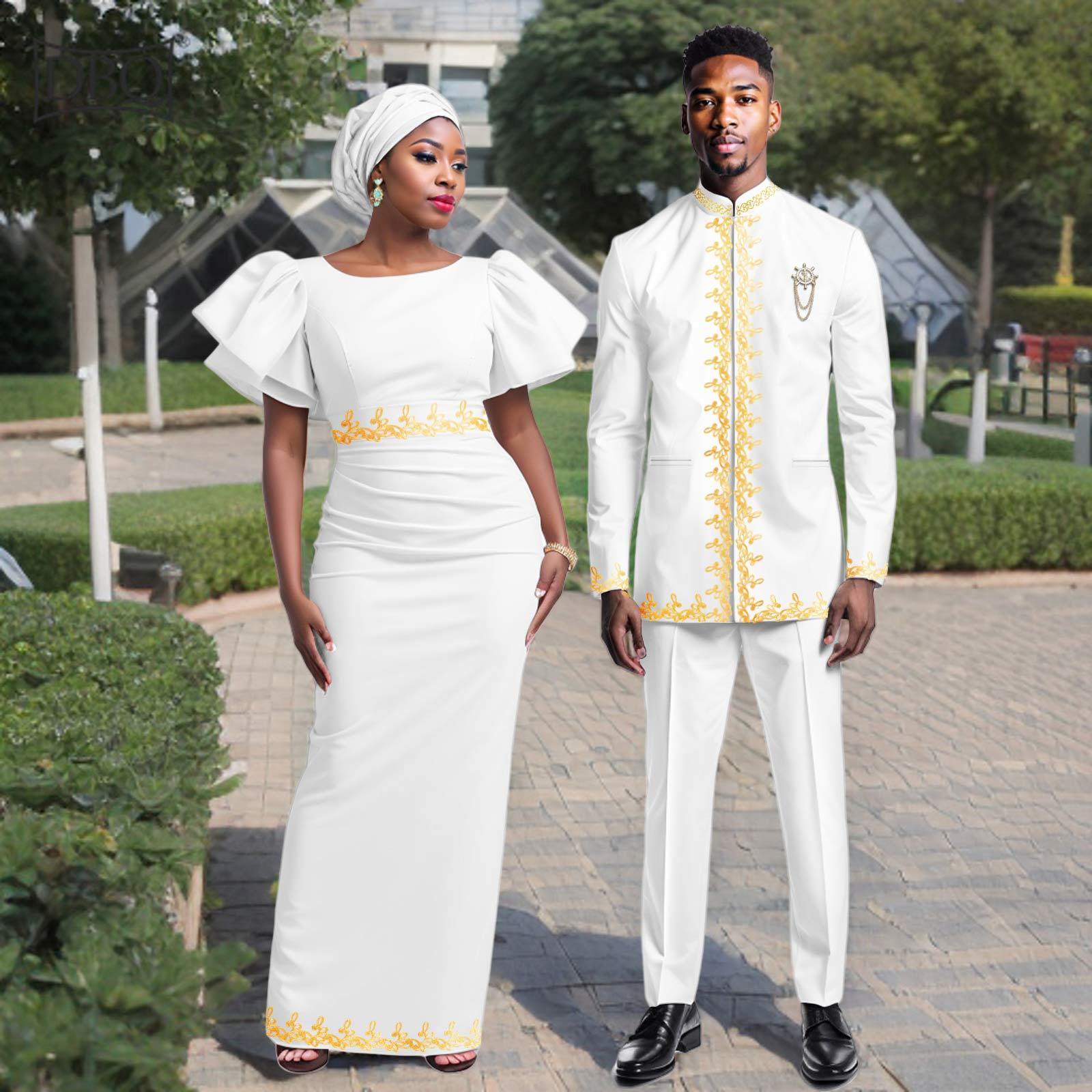 African Couple Clothes Men’s Blazer Pants Suit and Puff Sleeves Women Maxi Dress