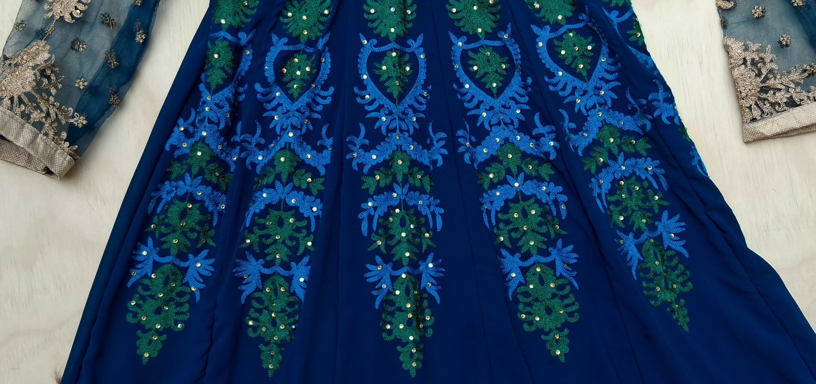 Indian Anarkali Gown Dress S Royal Blue Gold Embroidered Long Sleeve Maxi Party