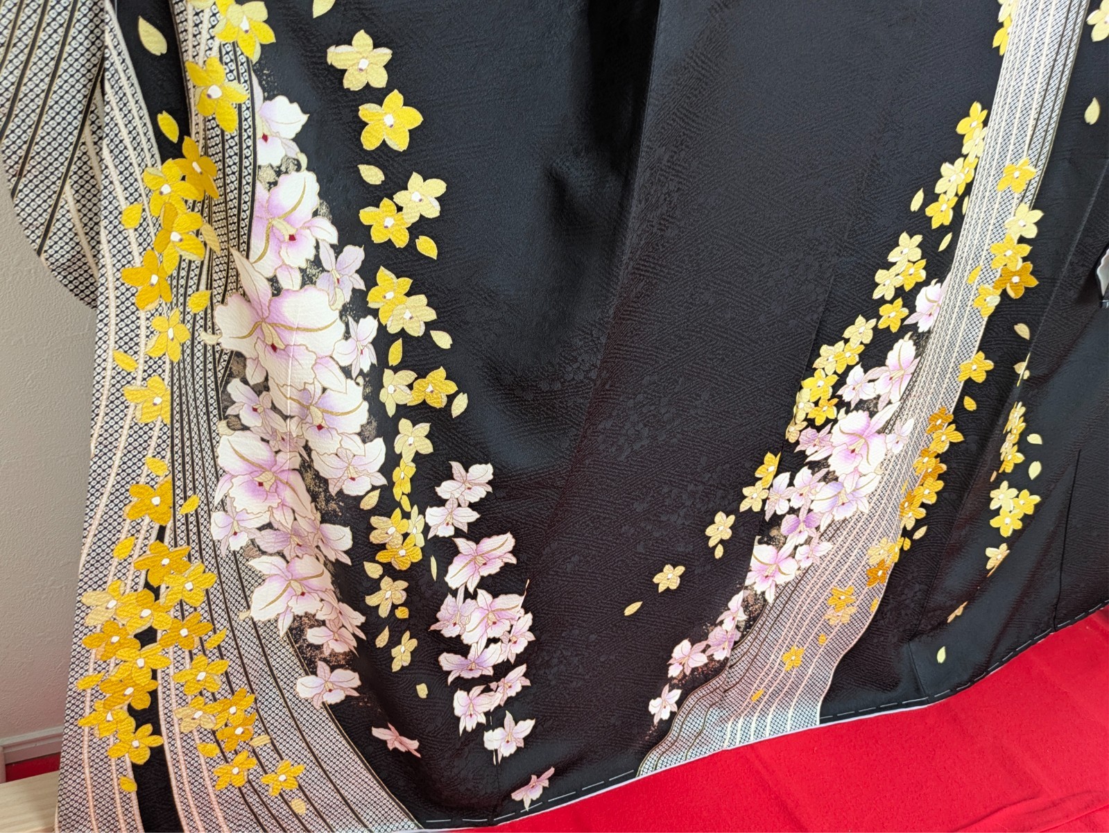Japanese Kimono Silk Furisode Black Yellow & Purple Flowers Vertical Waves Art