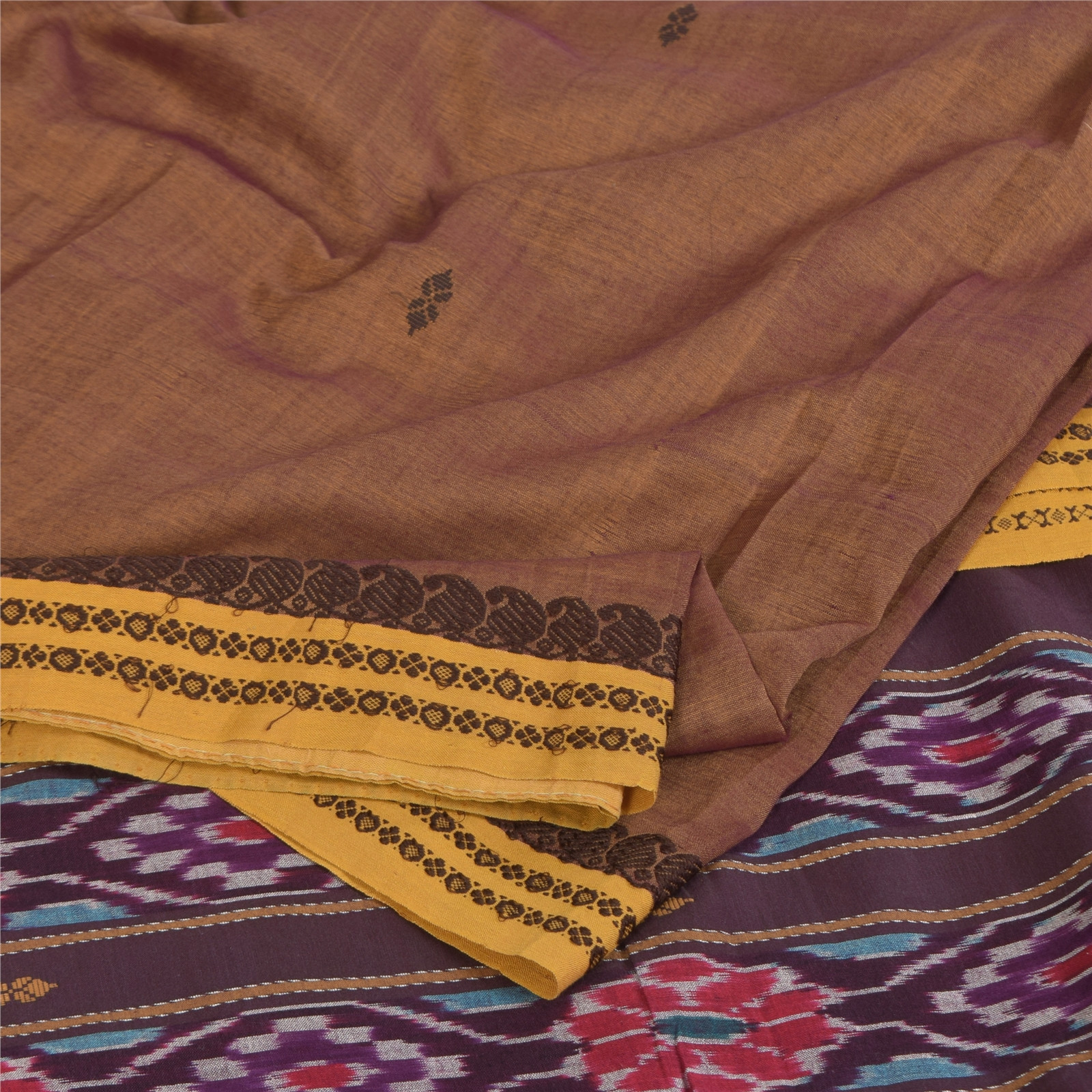 Sanskriti Vintage Brown Sarees Pure Cotton Woven Ikat Sari Premium Craft Fabric