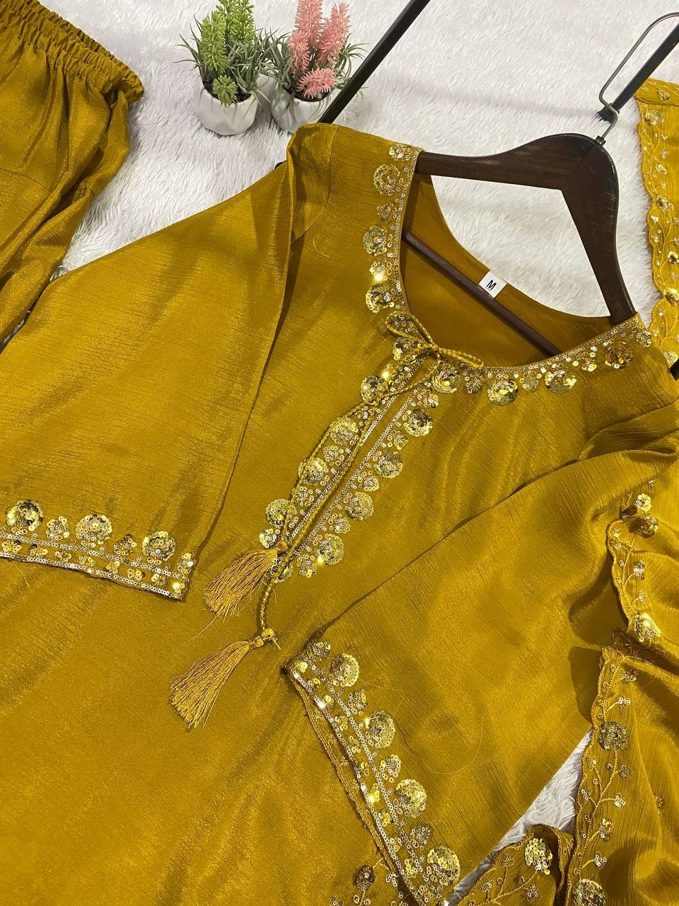 Latest Beautiful Chinon Silk Yellow Salwar Kameez With Dupatta For Festival Wear