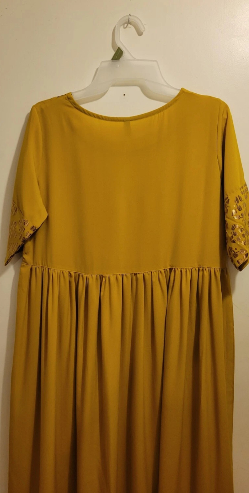 Janasya Indian Round Neck Half Sleeve Gold Print Mustard Poly Crepe Kurta